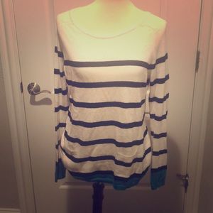 Loft white sweater  black striped and teal bottom